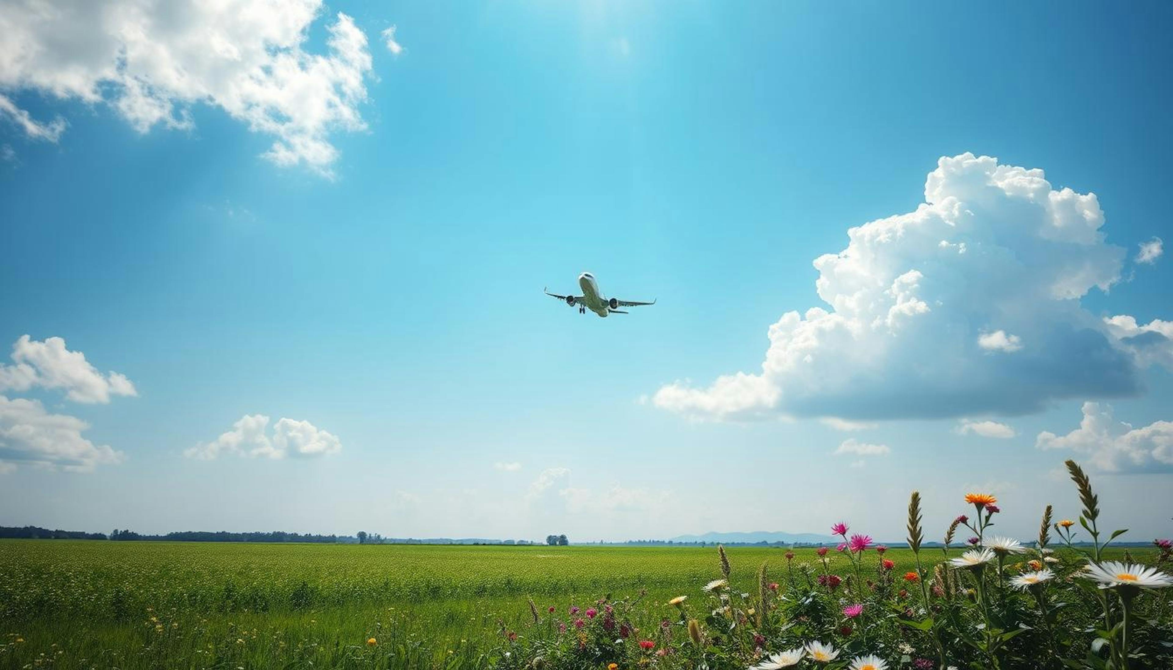 An airplane flying through a clear, bright sky above green landscapes, symbolising SAF’s benefits of cleaner air with reduced particulate and sulphur emissions, and lower carbon impact.