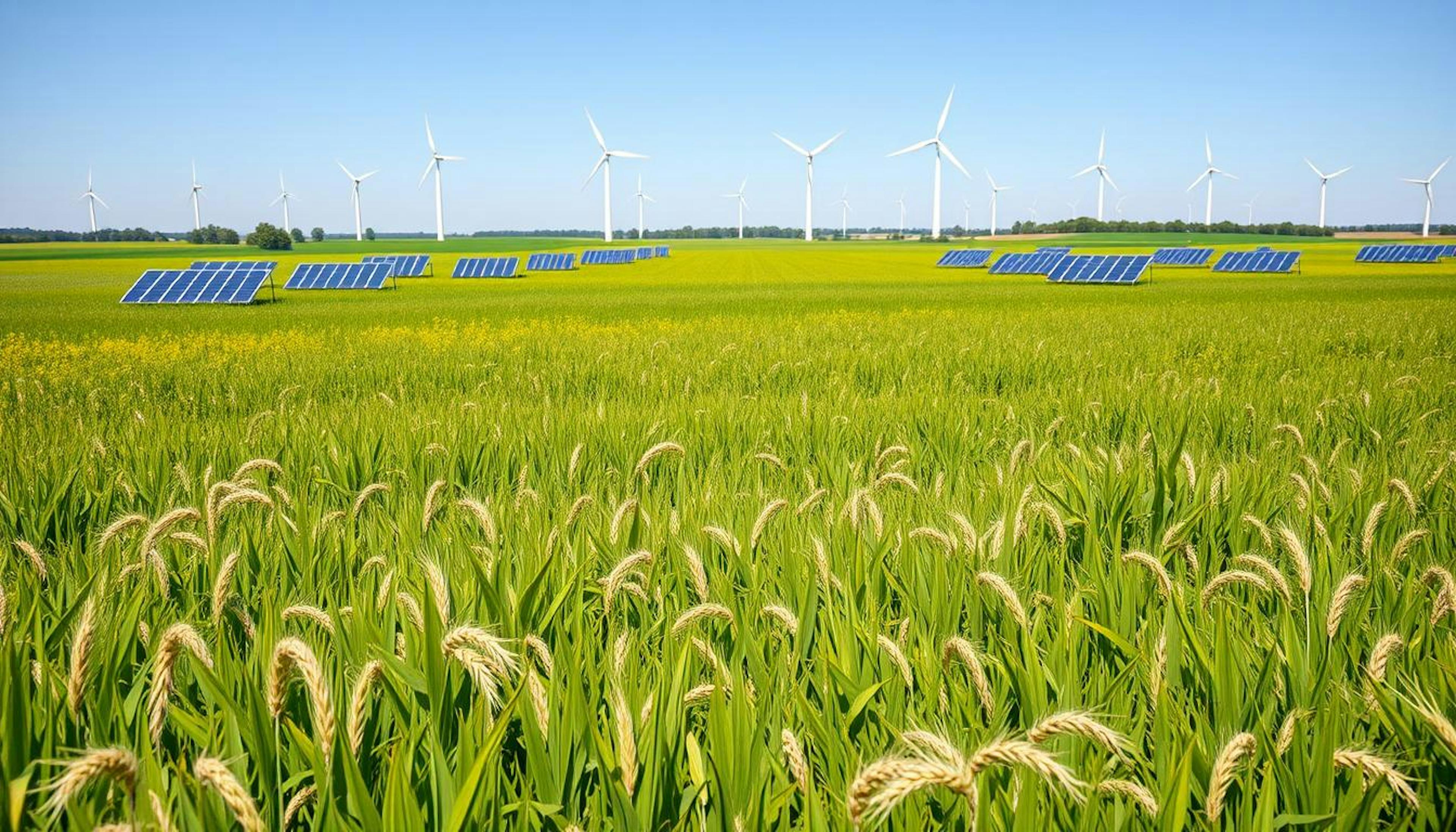 A vibrant green field showcasing various sustainable feedstocks for SAF, such as sorghum, switchgrass, and algae, alongside solar panels and wind turbines under a clear blue sky, representing the synergy between renewable energy and sustainable agriculture.