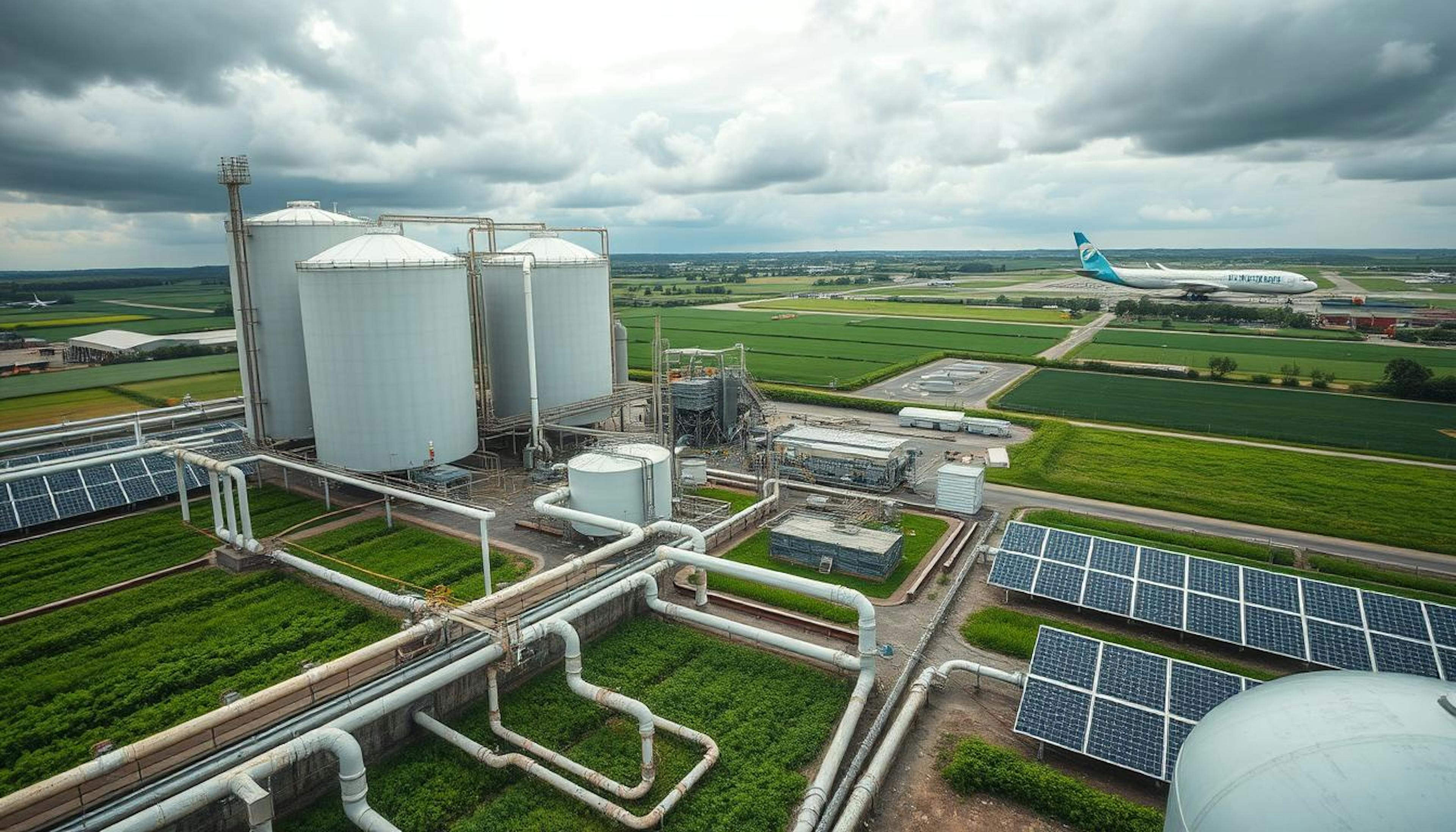 A depiction of Sustainable Aviation Fuel (SAF) production challenges, featuring a biofuel facility with fermentation tanks surrounded by lush fields and solar panels, representing the intersection of technology and nature amidst environmental concerns.