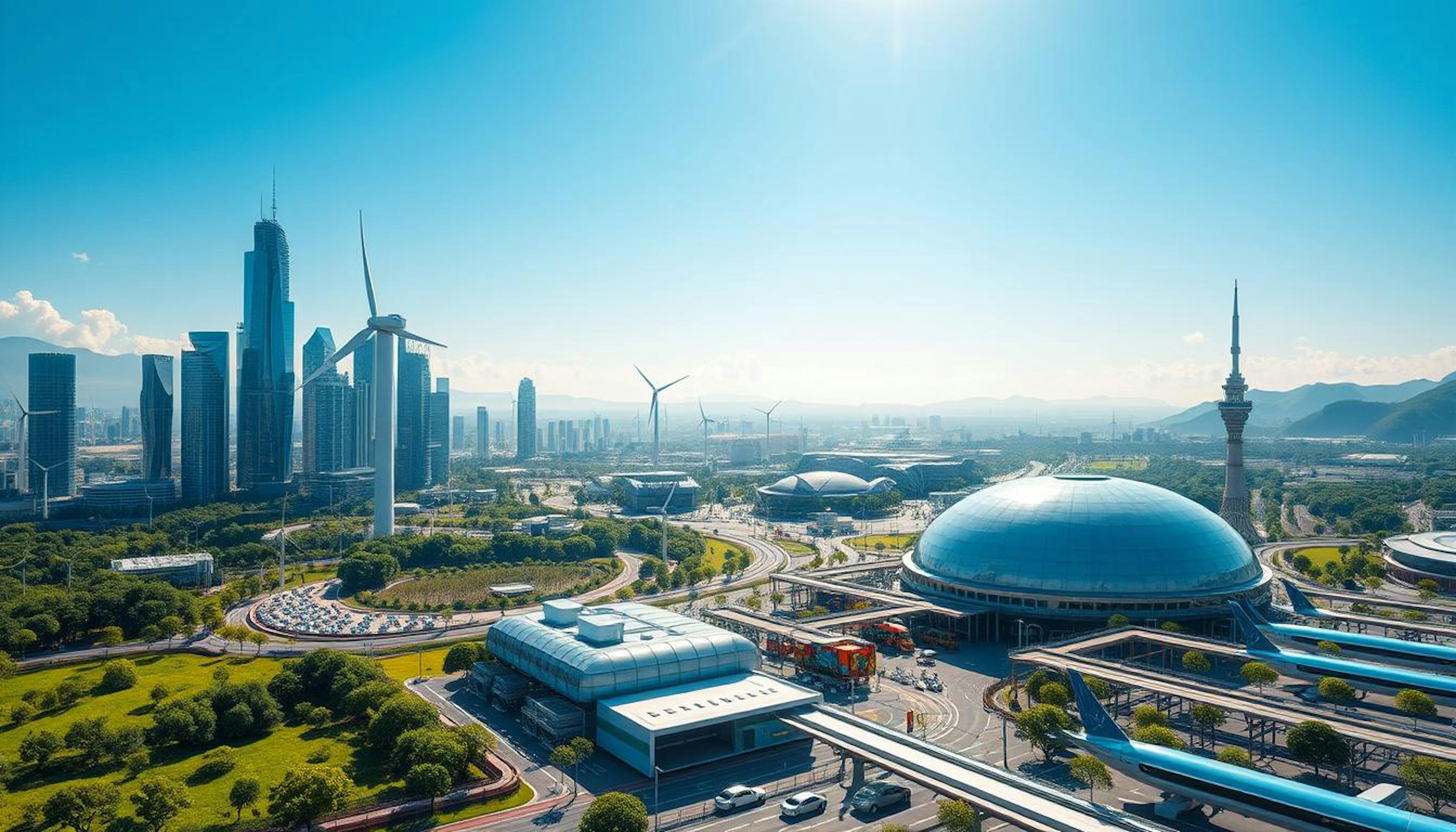 A futuristic city skyline featuring integrated wind turbines and solar panels, surrounded by lush green spaces. In the foreground, a modern biofuel plant emits clean energy, with a network of electric vehicles and sustainable public transport systems, all under a bright blue sky, representing sustainable aviation fuel (SAF) policy and regulatory support.