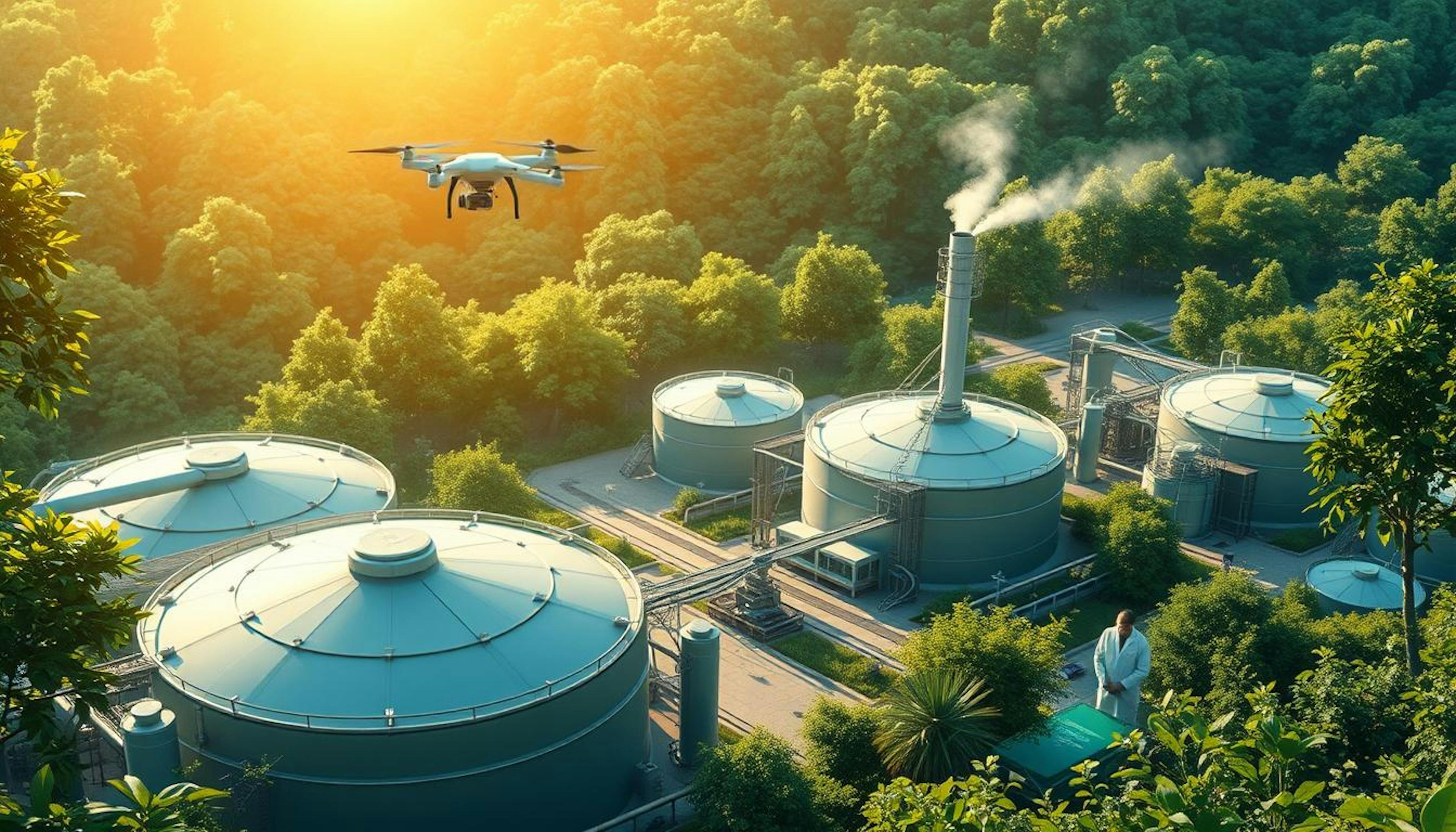 A modern biofuel production facility surrounded by lush greenery, showcasing advanced machinery and storage tanks, with drones overhead transporting materials and scientists analysing samples, symbolising innovation in Sustainable Aviation Fuel (SAF) production amidst efforts for environmental sustainability.