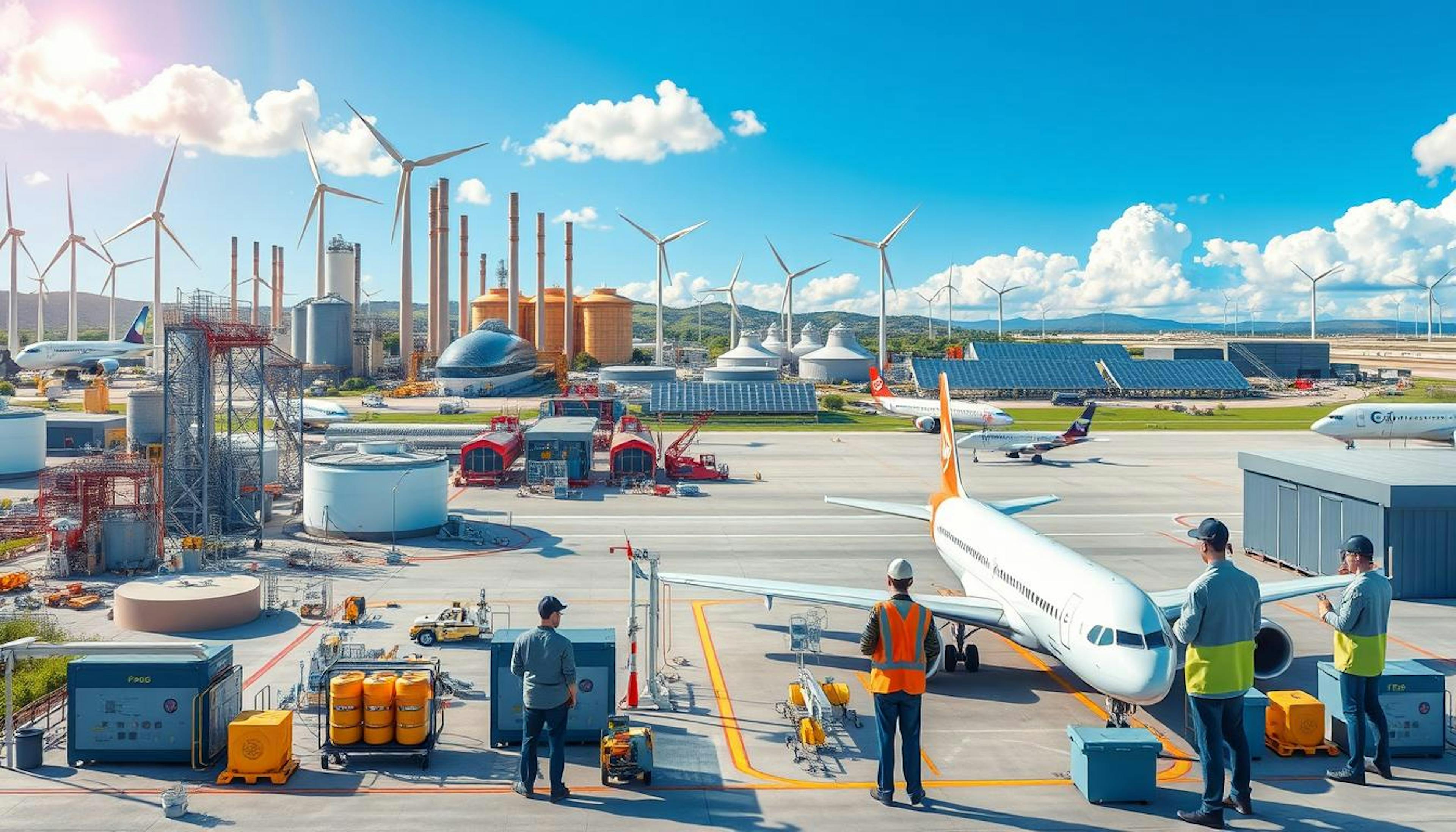 A vibrant scene depicting collaboration in the aviation industry for Sustainable Aviation Fuel (SAF) deployment, featuring industrial facilities with wind turbines and solar panels, modern aircraft at a busy airport with eco-friendly features, scientists analysing fuel samples, and engineers working together on innovative technologies, all under a bright blue sky symbolising a cleaner future.