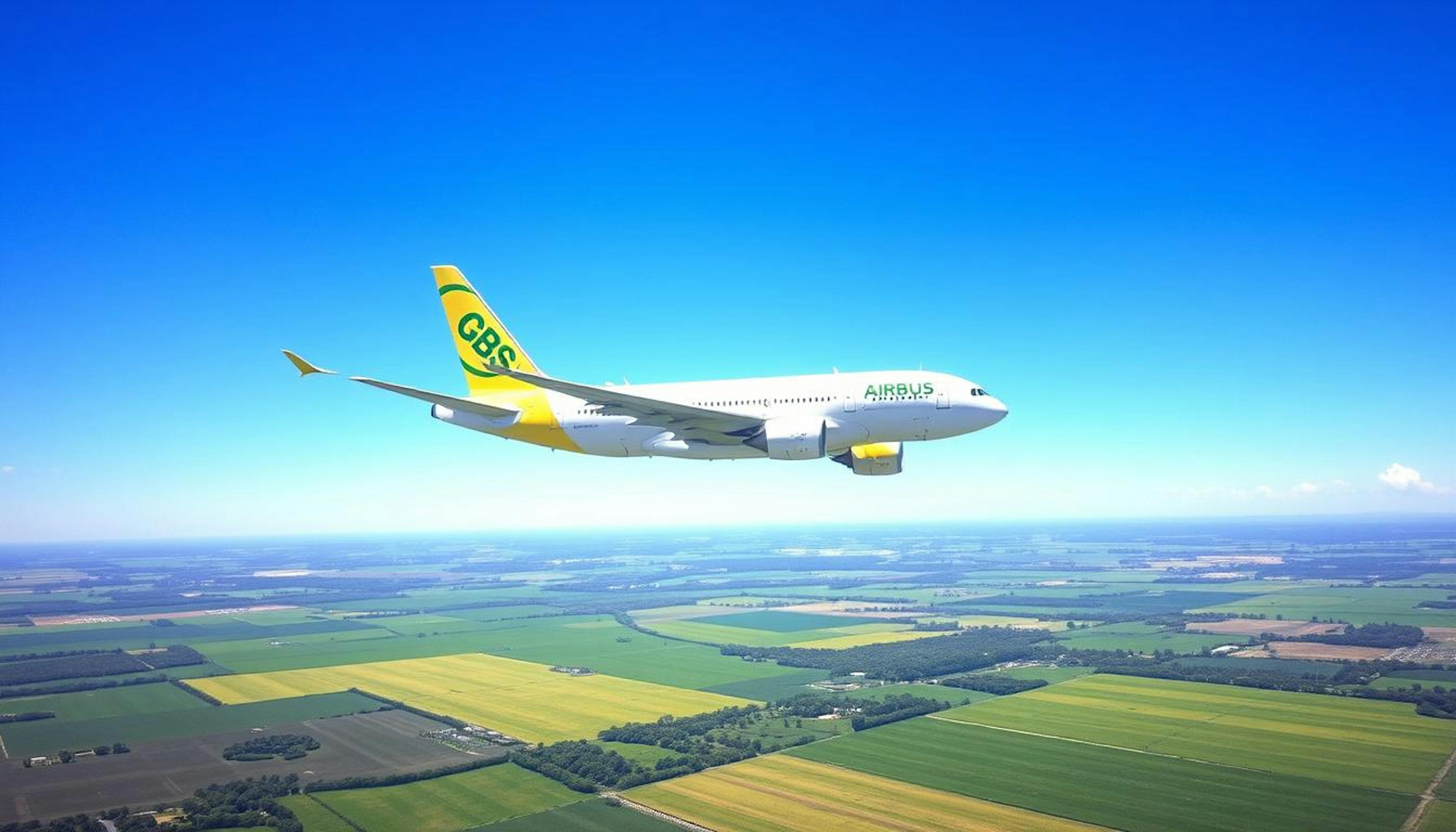 A modern Airbus aircraft soaring through a clear blue sky, surrounded by lush green fields, symbolising the company's initiatives in Sustainable Aviation Fuel (SAF), showcasing innovation and a commitment to reducing emissions in the aviation industry.