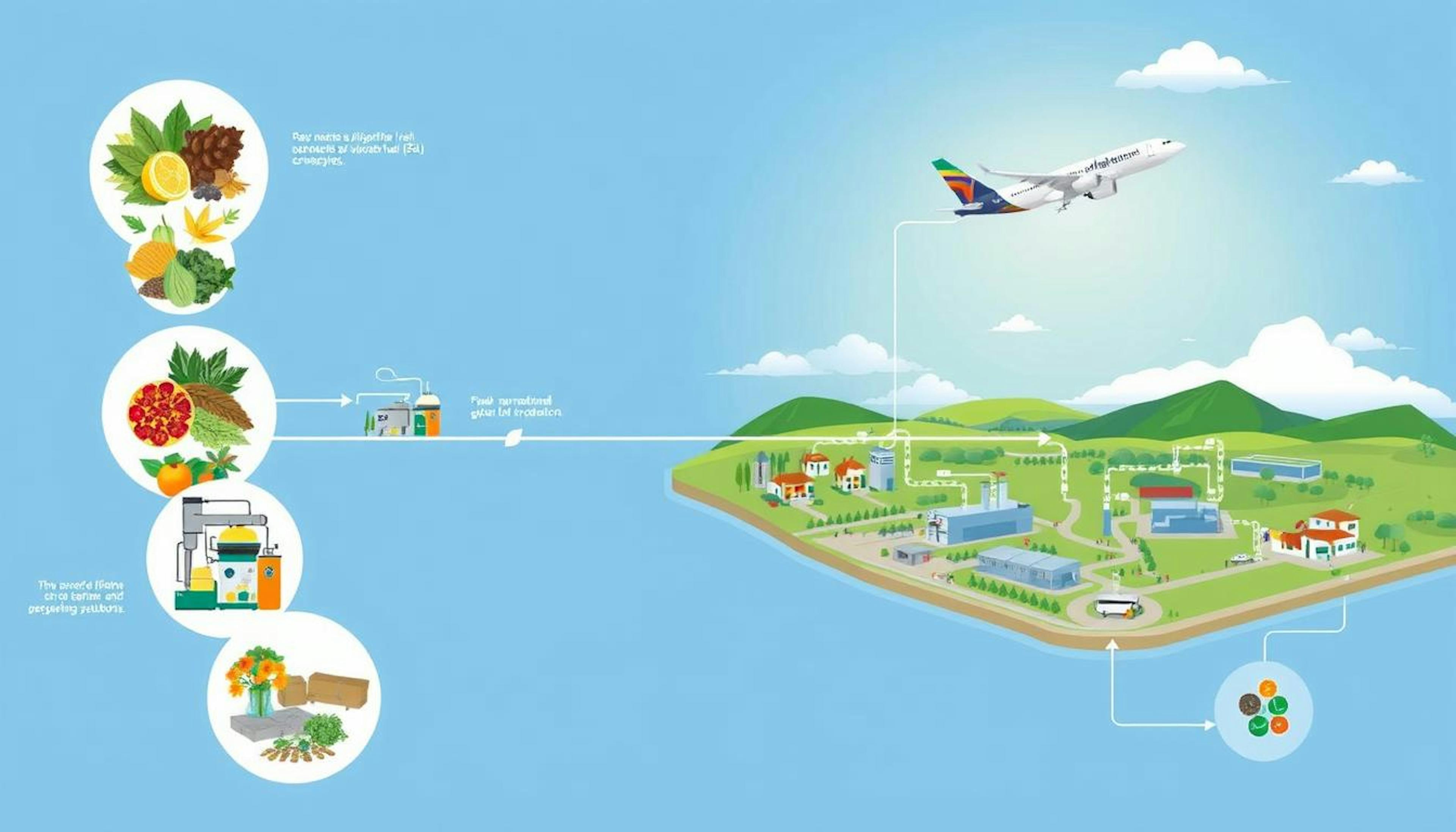 Overview of sustainable aviation fuels (SAF) as an environmentally sound alternative to traditional jet fuel. Highlights various production methods like Fischer-Tropsch synthesis, HEFA, and ATJ processes, along with blending limitations and safety considerations