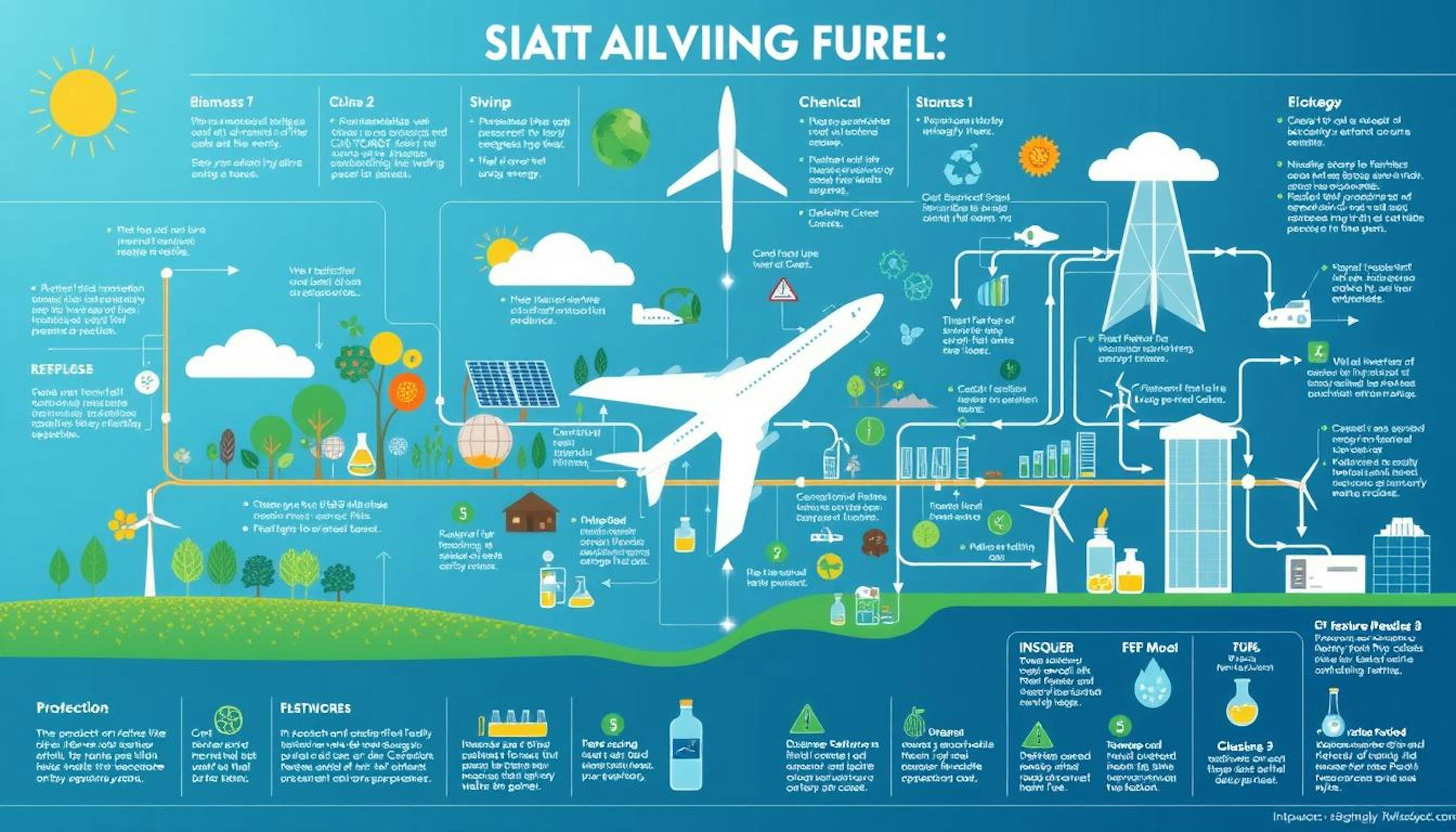 An illustration of Sustainable Aviation Fuel (SAF) production, showcasing its non-petroleum feedstocks like municipal solid waste and biomass, and highlighting its potential to reduce emissions compared to conventional jet fuel.