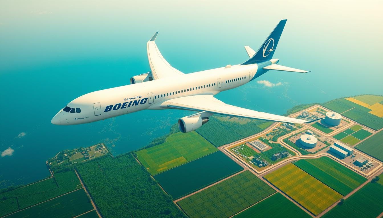 An infographic showcasing Boeing's commitment to Sustainable Aviation Fuels (SAF), highlighting industry partnerships, policy advocacy, and research for aircraft compatibility.