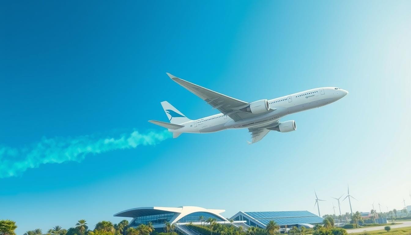 An infographic illustrating Boeing's commitment to Sustainable Aviation Fuel (SAF), highlighting their SAF purchases, fuel mix, and goals for reducing carbon emissions in air travel.