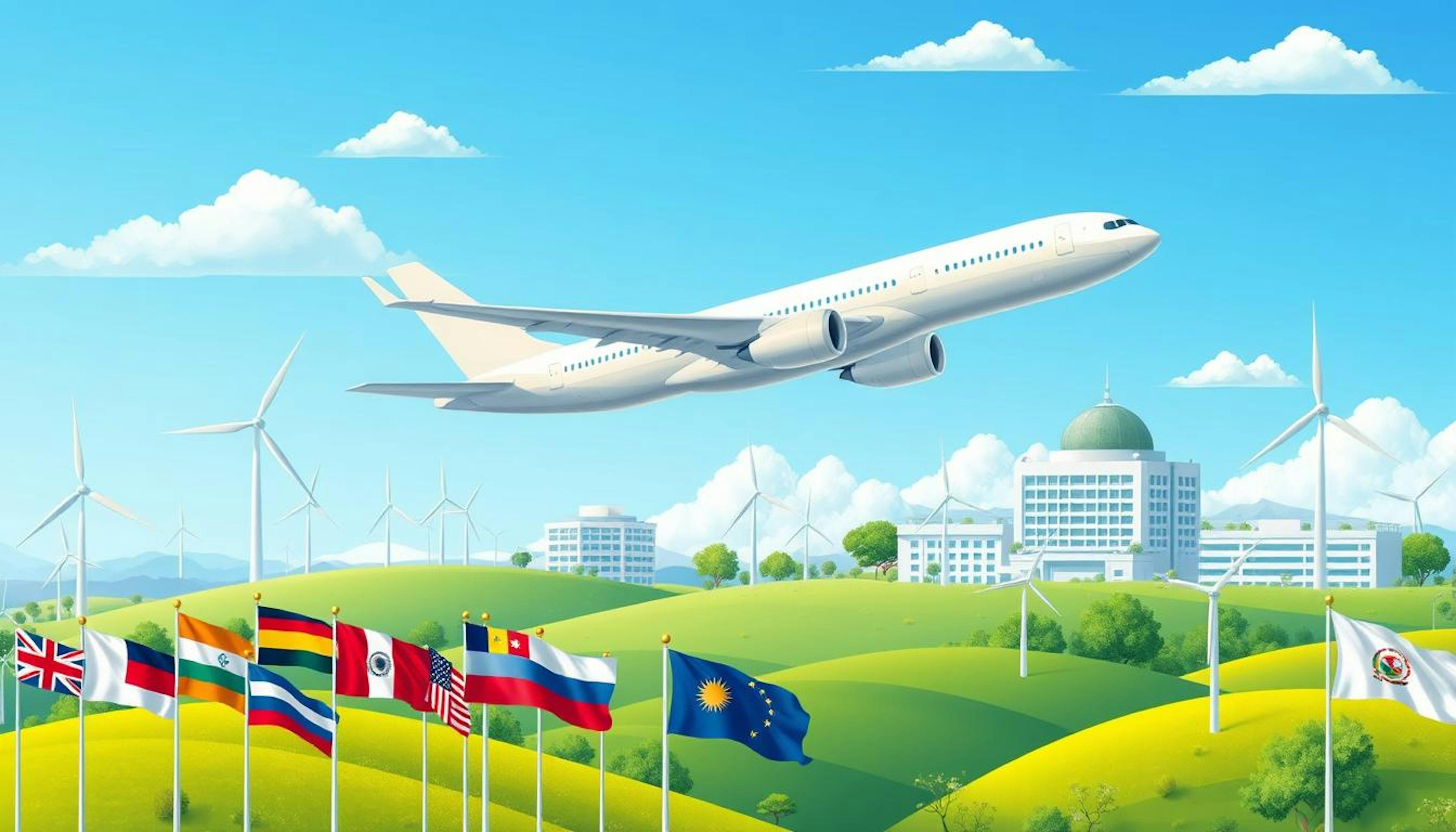 An illustration depicting Boeing's collaborations with government agencies and international organisations to promote Sustainable Aviation Fuels (SAF) and enhance air travel sustainability in the APEC region.