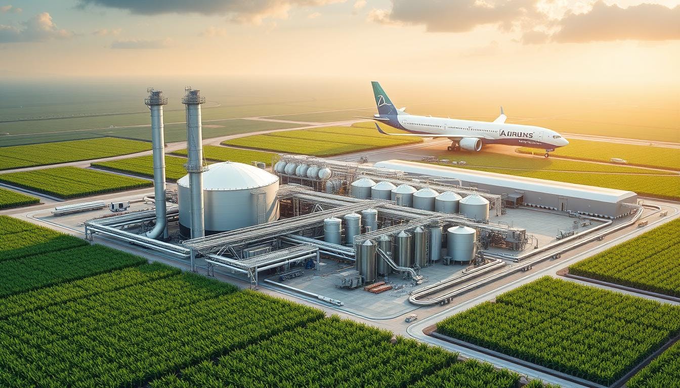 Overview of sustainable aviation fuel (SAF) technologies, including HEFA, Alcohol-to-Jet, and eFuels, aiming for net-zero emissions in aviation by 2050