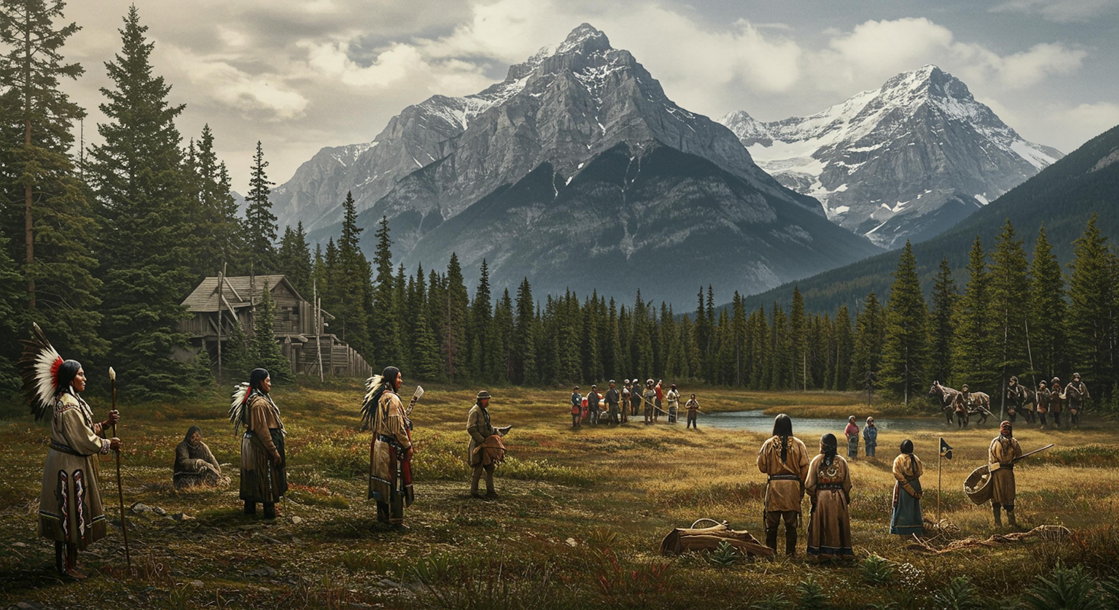 Indigenous Nakoda people standing on their ancestral land near Banff National Park, symbolising the ongoing struggle for land rights and traditional stewardship