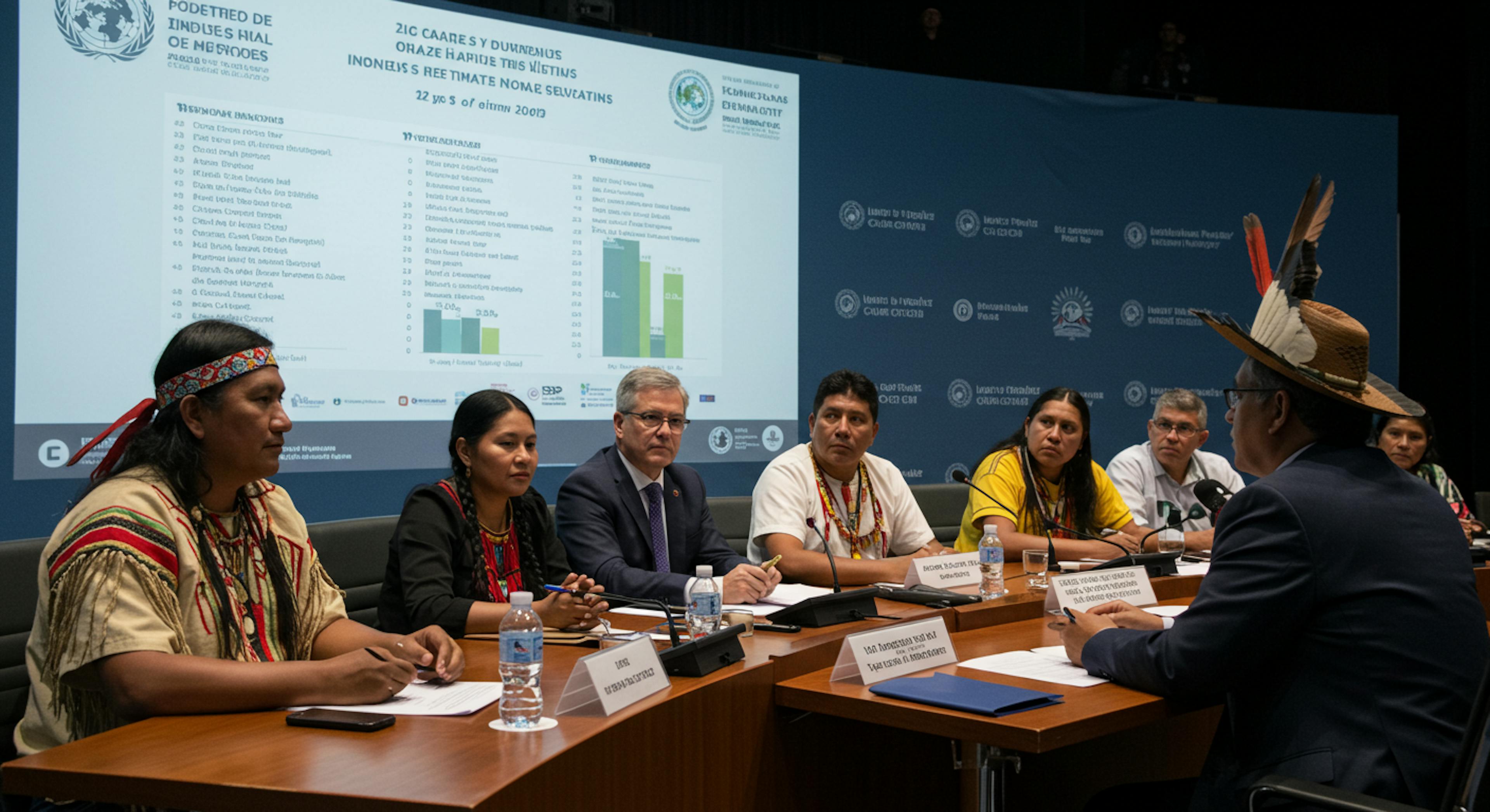 Indigenous leaders participating in climate negotiations, advocating for greater representation and inclusion in global climate strategies.