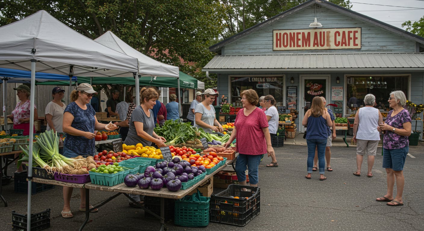 Farmers' market in a small town with vibrant heirloom produce, smiling farmers, local shoppers, and a nearby café serving traditional dishes in a community-driven, sustainable atmosphere.