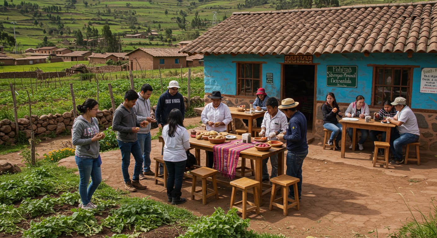 Peruvian culinary tour with local youth guiding tourists through farm-to-table experiences, showcasing heirloom potatoes and traditional dishes in a vibrant, community-driven restaurant.