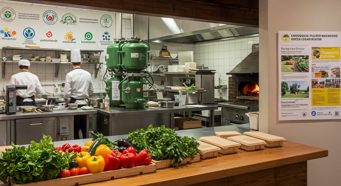 A sustainable restaurant kitchen with seasonal, locally sourced ingredients, biogas systems, compostable packaging, and energy-efficient wood-fired ovens.