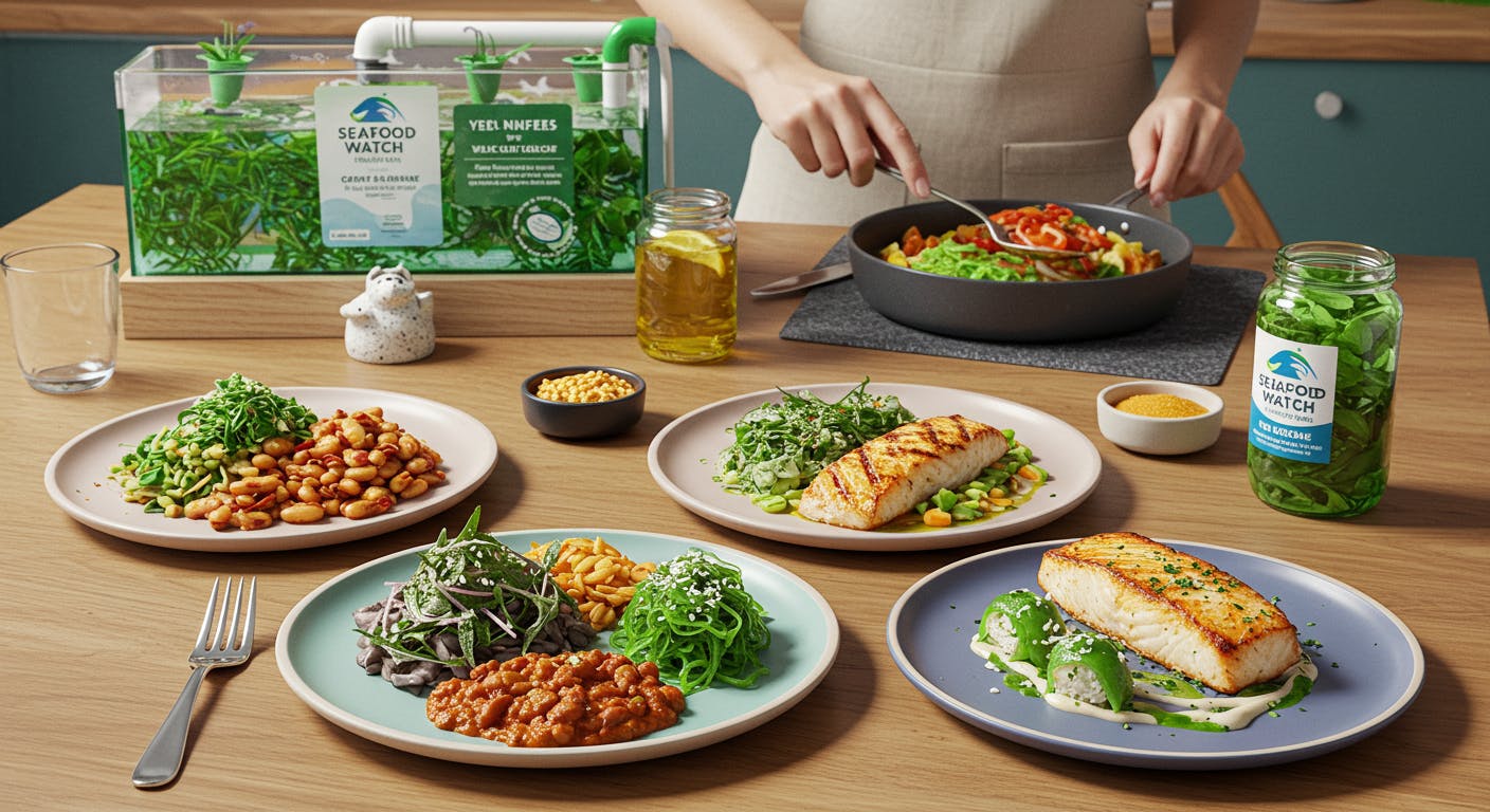 Plant-based and sustainable seafood dishes with heirloom beans, algae-based sushi, and wild-caught fish, set in kitchen with aquaponics garden and certifications