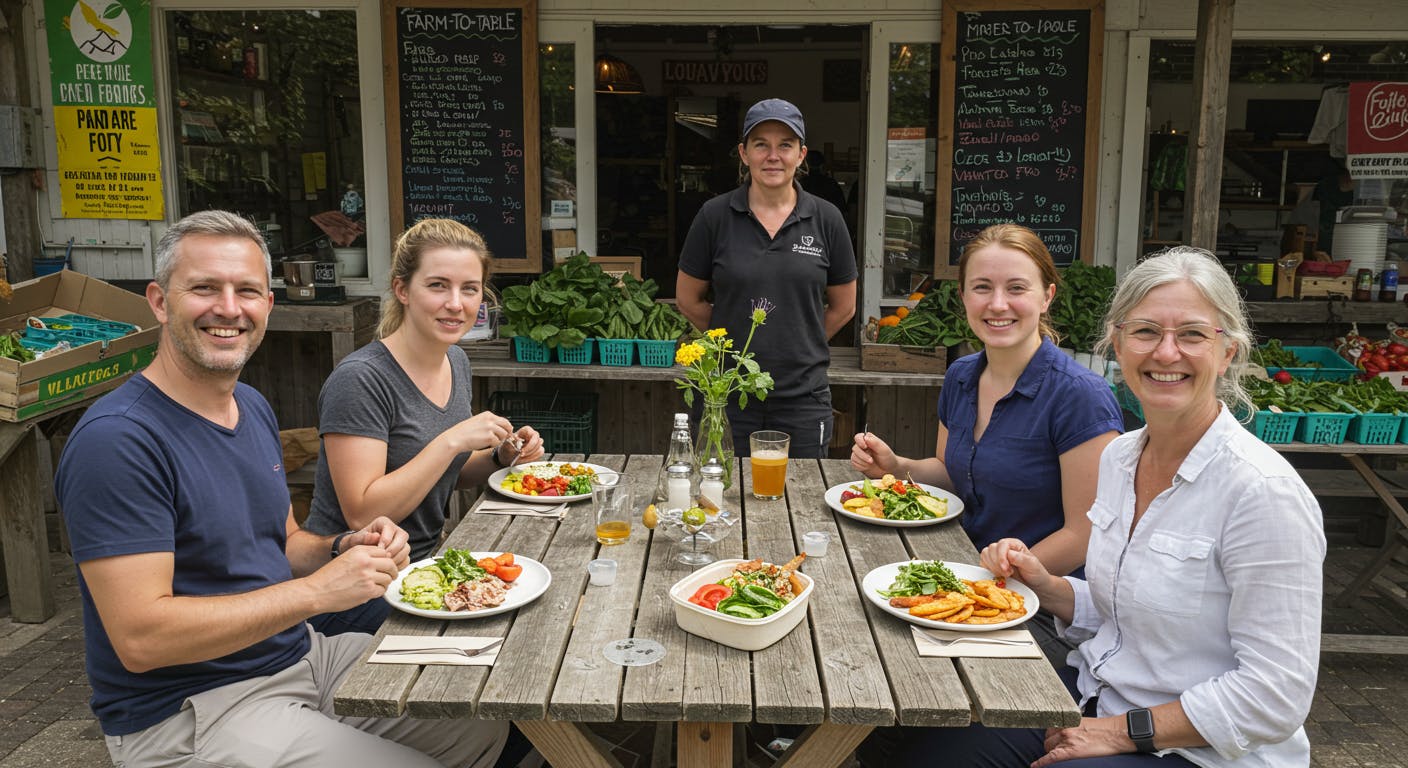 Travellers sharing seasonal dishes at a local café, using reusable containers and talking with staff about farm-sourced ingredients.