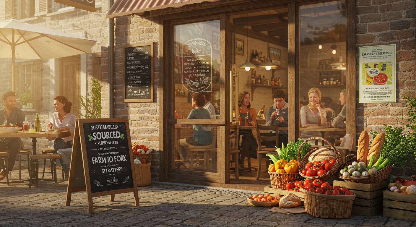 A cosy local restaurant with a "Farm to Fork" sticker on the door, serving seasonal dishes made from fresh regional produce, with diners enjoying meals and a small UNESCO Culinary Heritage plaque on the wall.