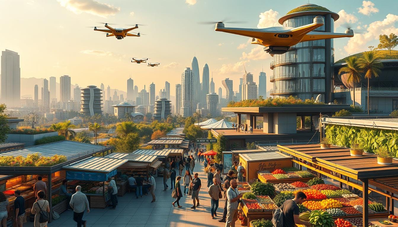 A modern restaurant with a digital menu showing carbon footprint information for each dish, and a 3D food printer in the background, creating intricate traditional recipes.