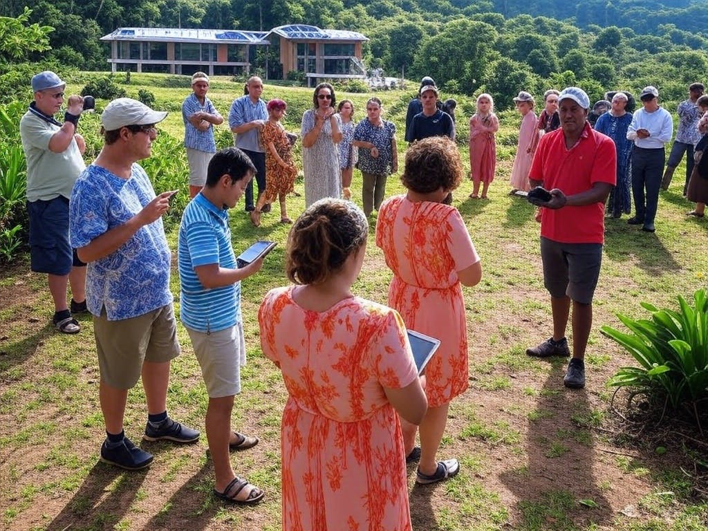 Local guides lead tourists through biodiversity corridors, showcasing sustainable tourism practices in a rural village, blending modern technology with nature conservation