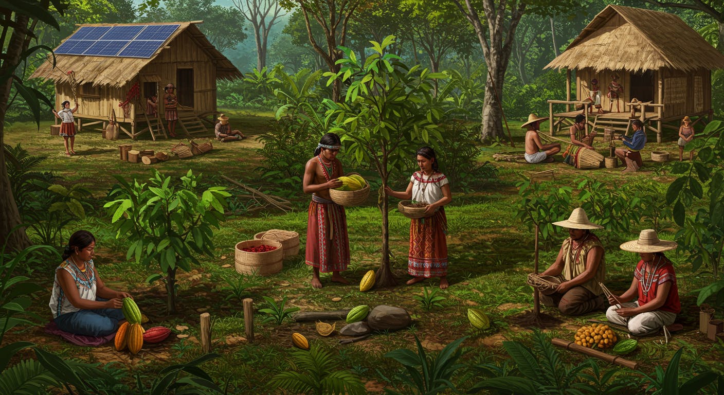 Local guides lead tourists in eco-friendly activities like cacao harvesting and tree planting, showcasing sustainable practices and cultural preservation.