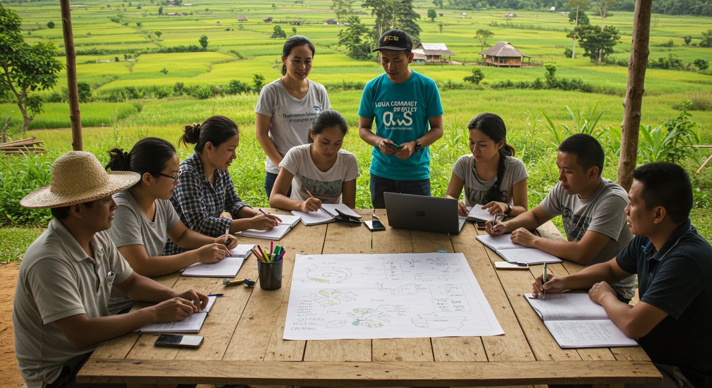 Community members collaborating on a travel project, with a focus on sustainable tourism and local involvement.