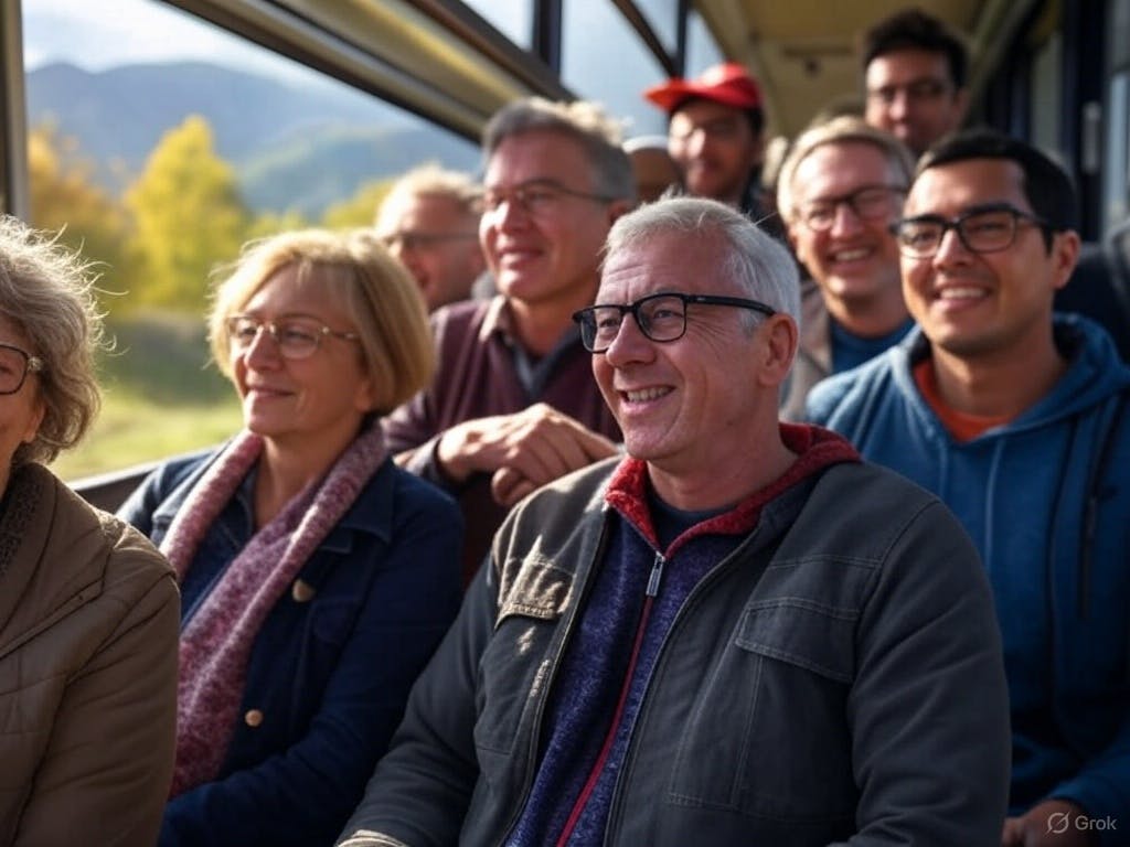 A traveler using a mix of transport options like electric RVs, bikes, and trains, exploring scenic landscapes while engaging in local cultural activities.