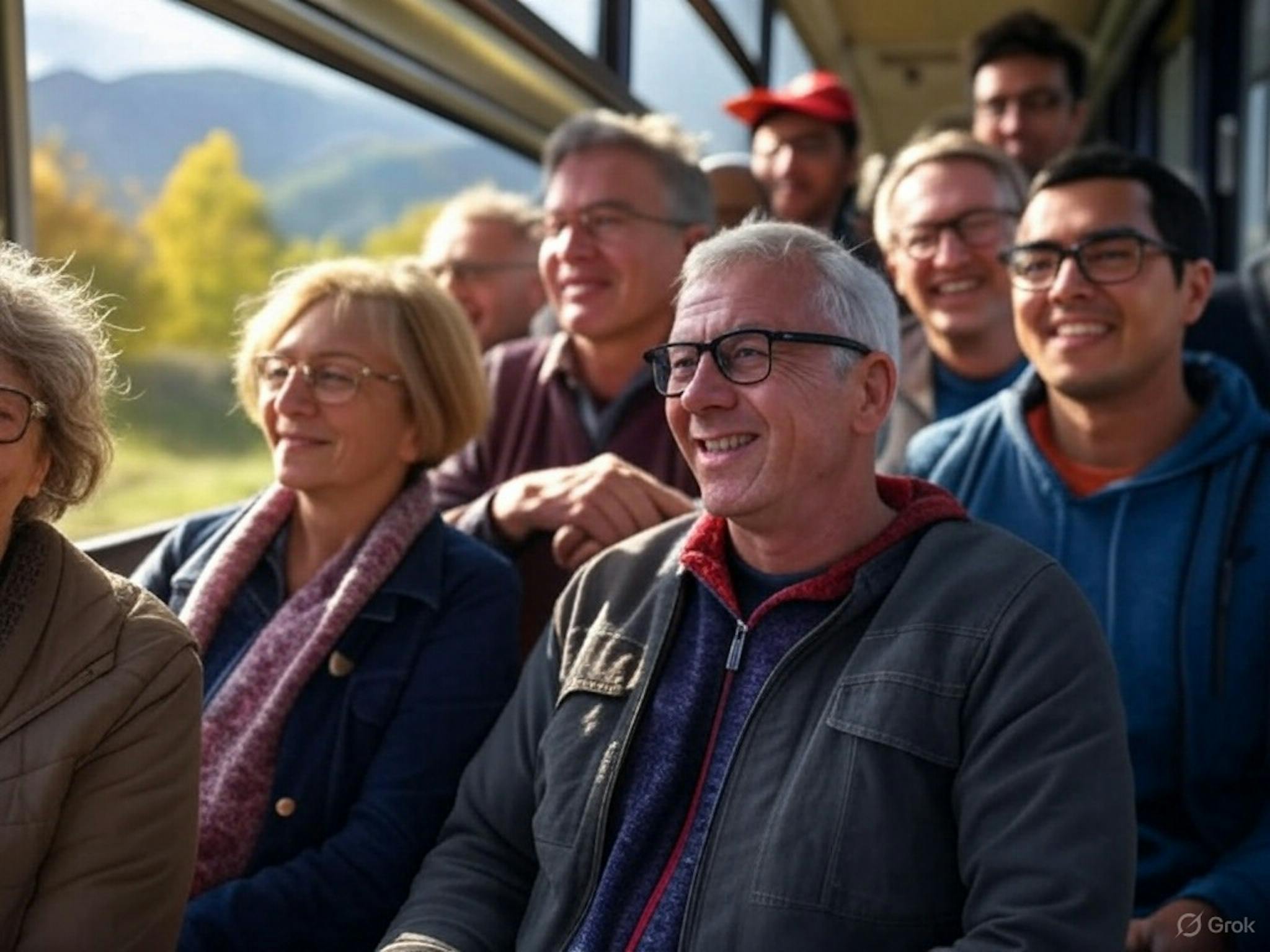 A traveler using a mix of  transport options like electric RVs, bikes, and trains, exploring scenic landscapes while engaging in local cultural activities.