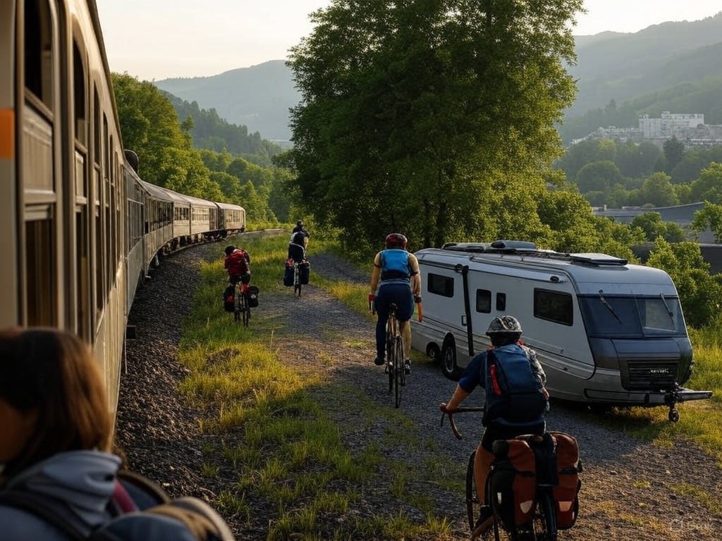 A scenic journey showing conscious travellers using low-emission transport options like trains, bicycles, and electric RVs, promoting sustainable travel.