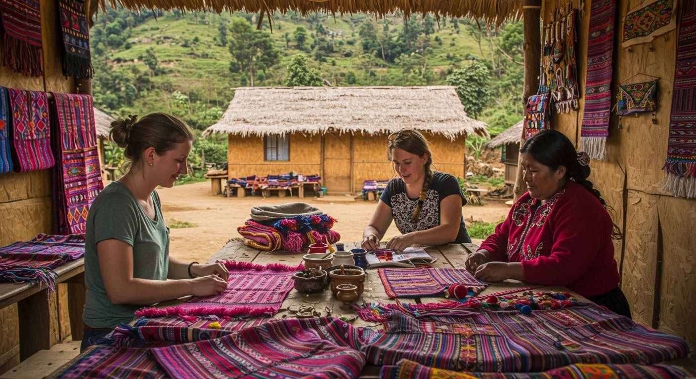 Traveler participating in a local artisan workshop, engaging with community members in sustainable, cultural tourism.