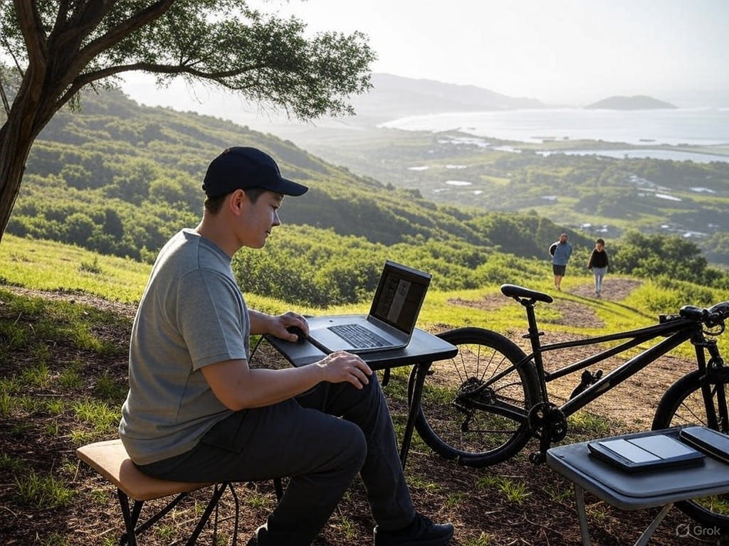 A remote worker enjoying a serene outdoor setting, blending mindful exploration with sustainable travel practices.