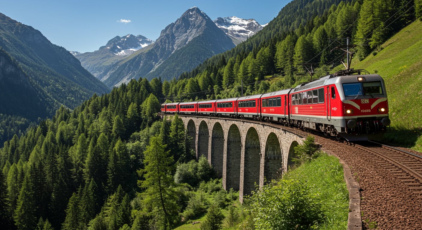 A scenic train journey highlighting iconic routes like the Glacier Express and Trans-Siberian Railway, with passengers enjoying panoramic views and sustainable travel options.