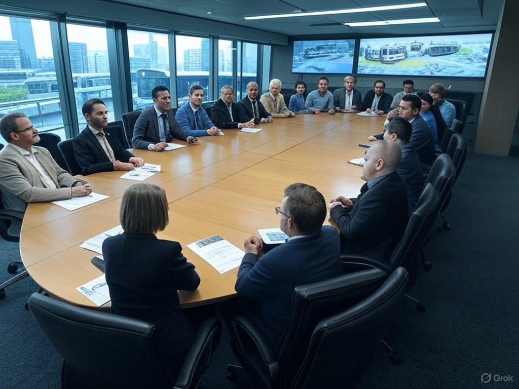 conference room scene with professionals discussing sustainable transport policies, featuring digital maps and charts on eco-friendly transportation options