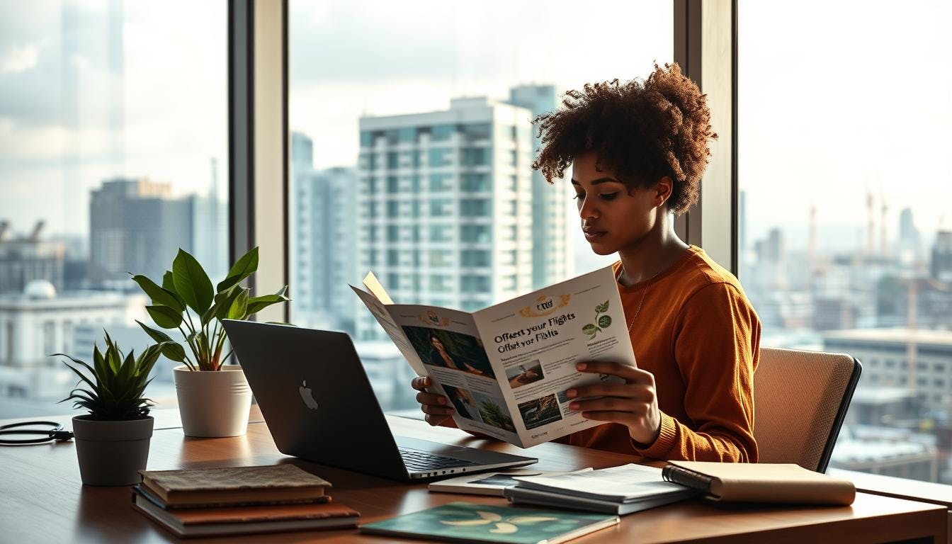 A family reviewing detailed climate solution options on a website, with clear charts showing emission reductions, project types like wind farms and cookstoves, and third-party certification badges.