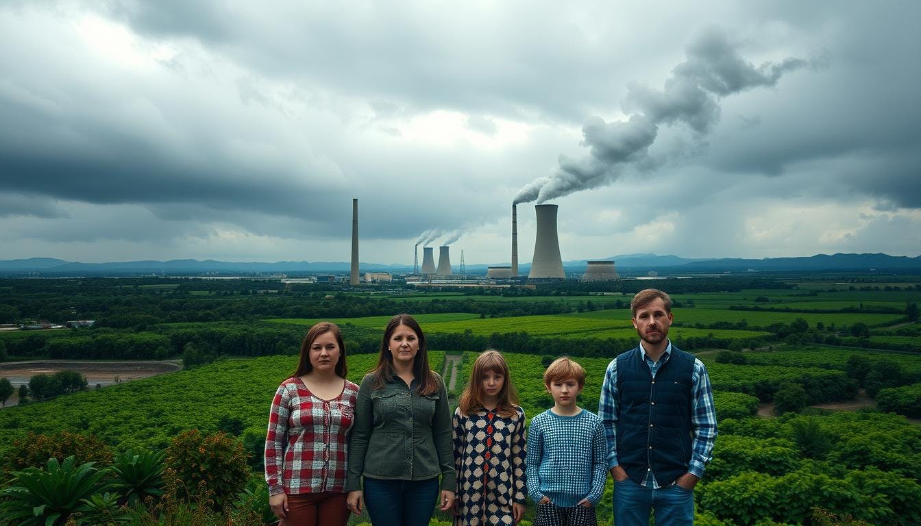 carbon offset effectiveness, with highlighted differences between projected and actual reductions, and visuals of carbon capture technology and renewable energy projects.