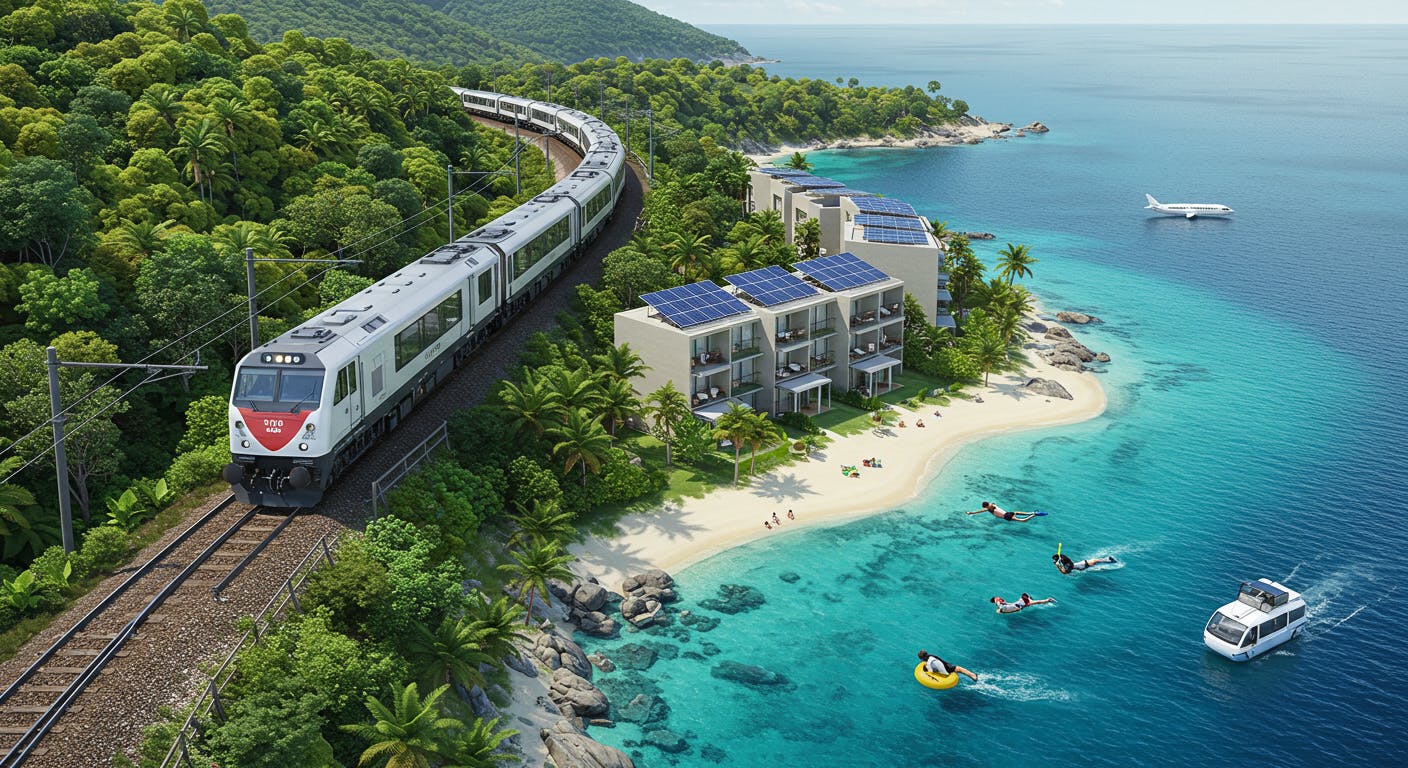 A sustainable island vacation showcasing transport options, energy-efficient hotels, and low-impact activities like snorkeling.