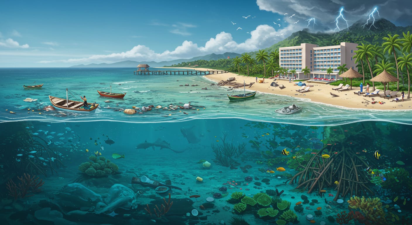 the environmental toll of unsustainable coastal resort practices, with polluted beaches, damaged infrastructure, and threatened marine life.
