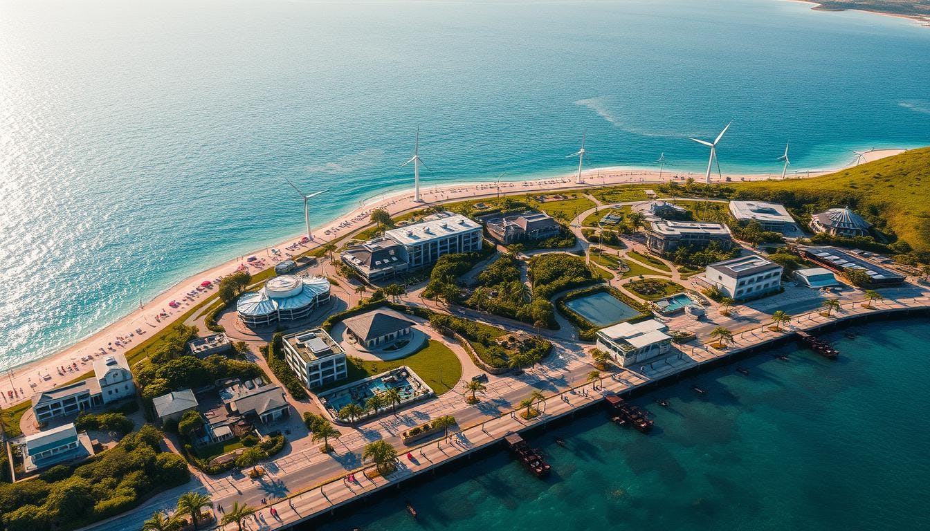 sustainable tourism strategies, with local communities engaged in infrastructure upgrades, and circular economy models in action.