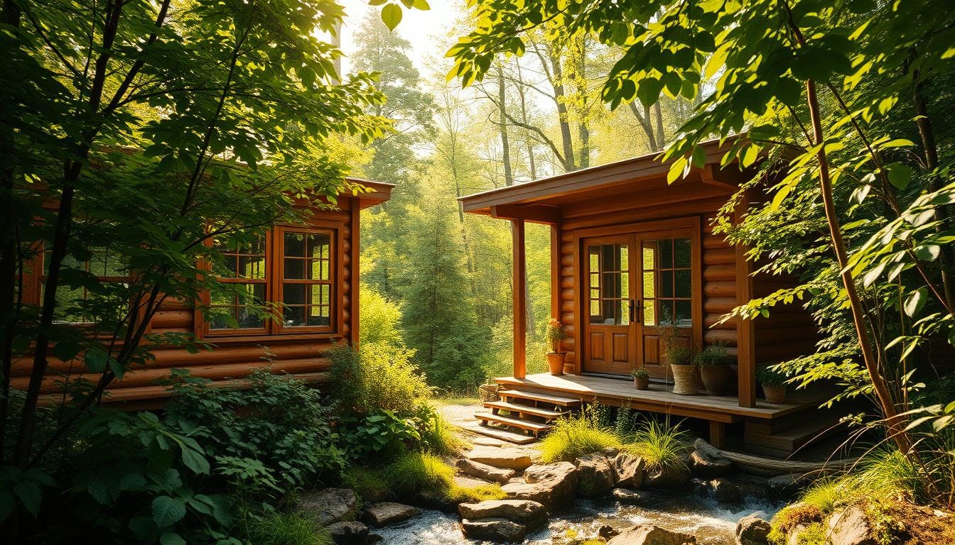 travellers choosing hotels online, packing a sustainably made suitcase, and arriving at an accommodation that uses solar panels and recycling bins.