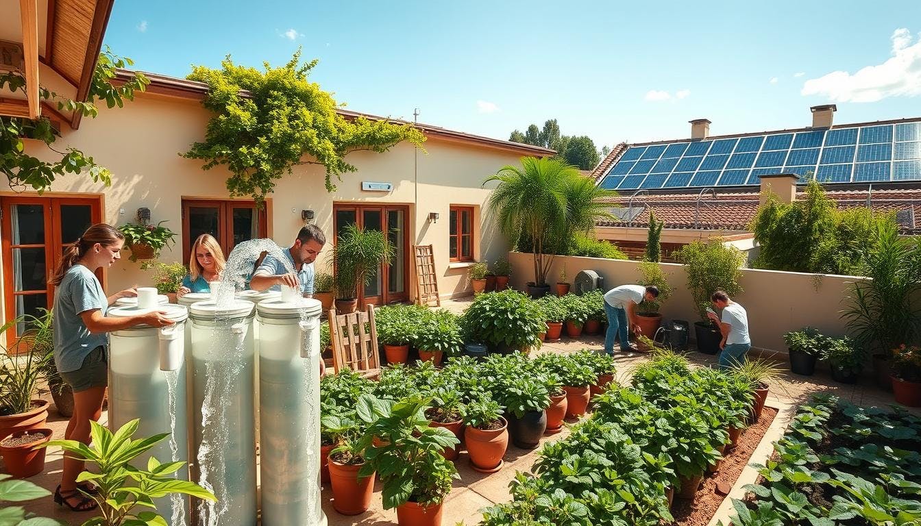 refillable water stations, biodegradable toiletry containers, solar panels, and staff setting up a beach clean-up event with reusable supplies.
