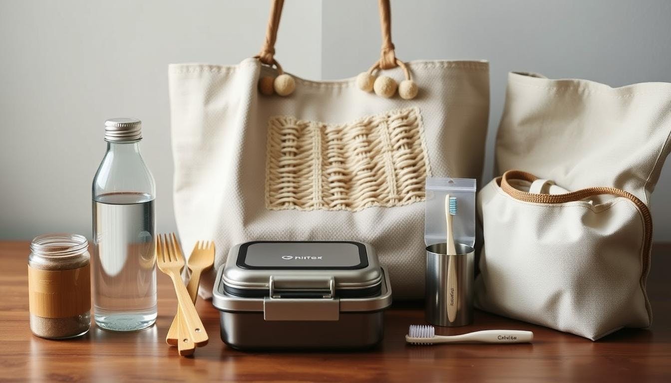 A travel bag packed with reusable items like a stainless steel water bottle, bamboo toothbrush, silicone food bags, shampoo bars, and reef-safe sunscreen, all neatly arranged for a trip.