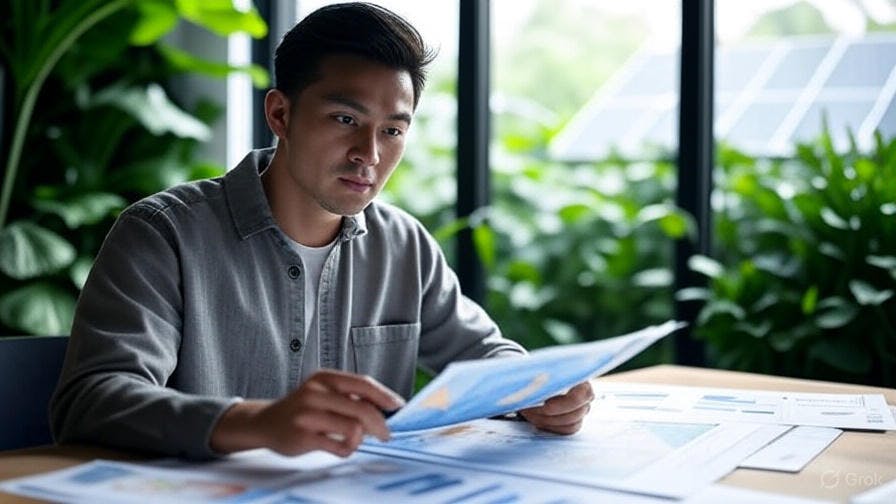 A tourist sitting decisively and holding a document with a verdant background