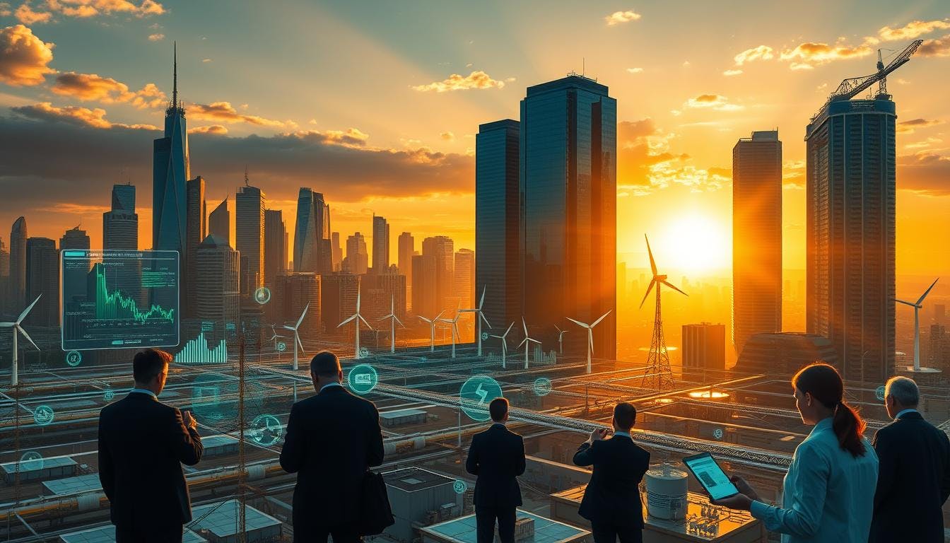 A Vview of business associates and sky scrappers in background