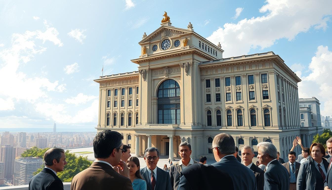 Large Conference structure with people standing and conversing outside