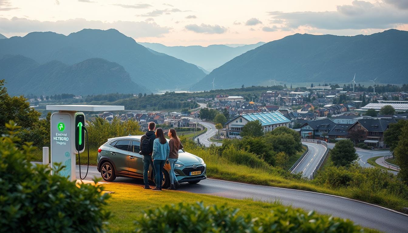 Car parked at a recharge station with people having a conversation in a sustainable landscape
