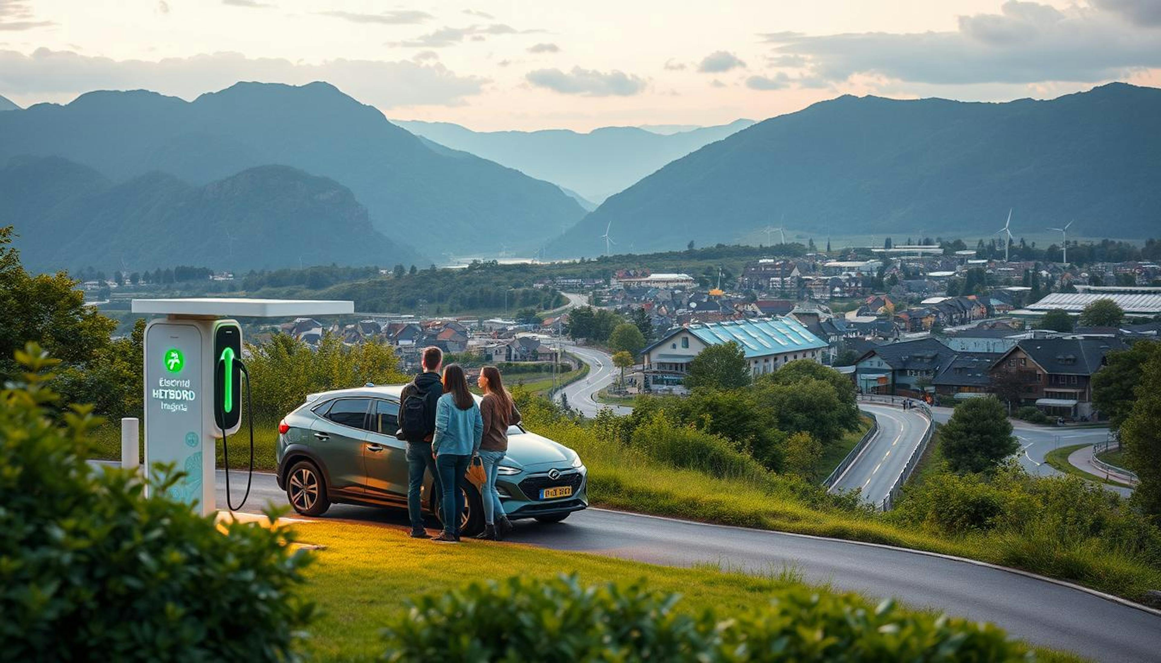 Car parked at a recharge station with people having a conversation in a verdant landscape