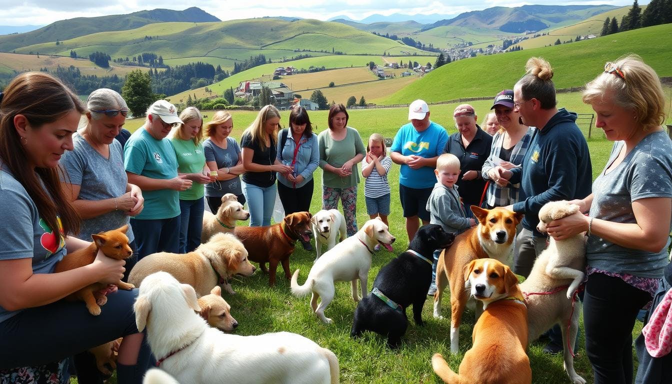 Humans gathered in a grassland and nuturing some domestic animals