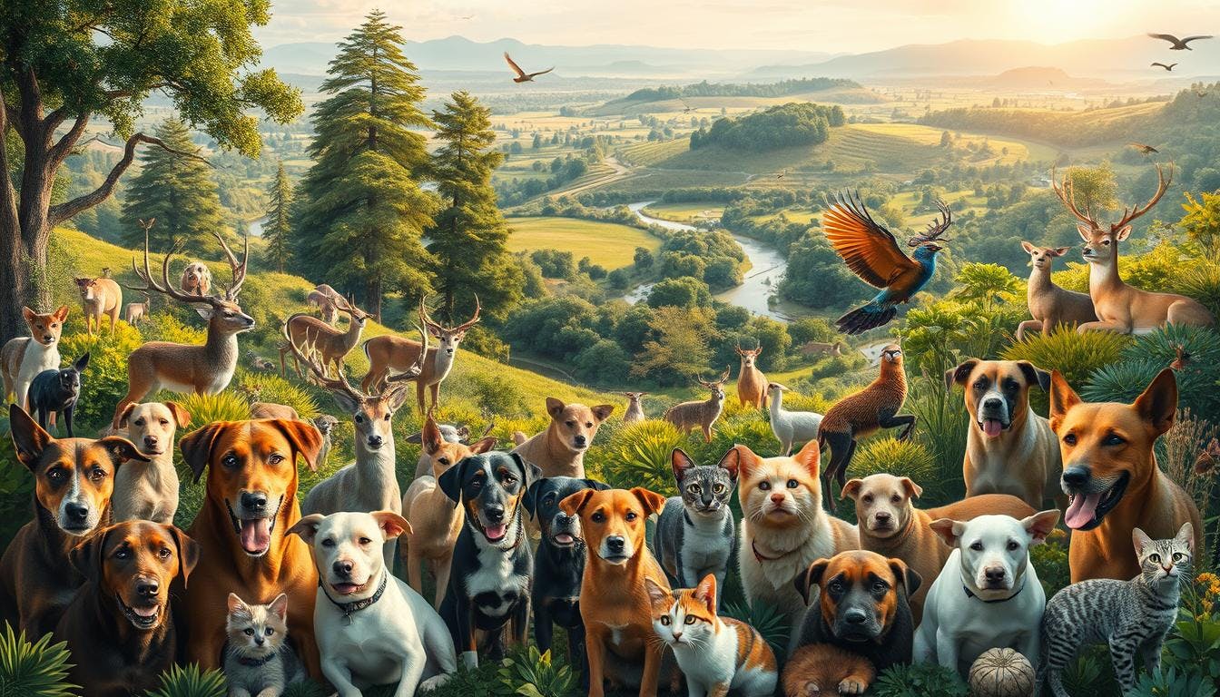 A group of animals, dogs, cats and surrounded with a green vegetation