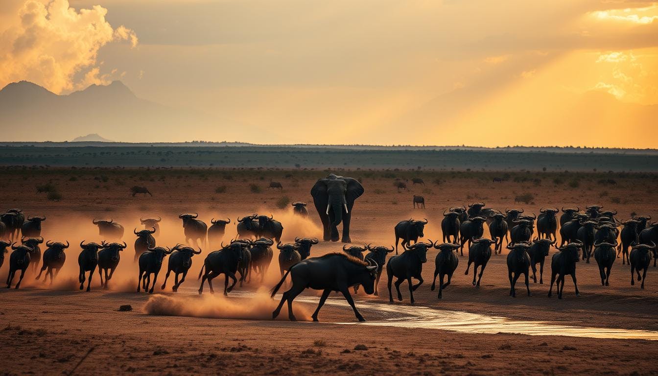 A Herd of buffaloes in a displayed sunset