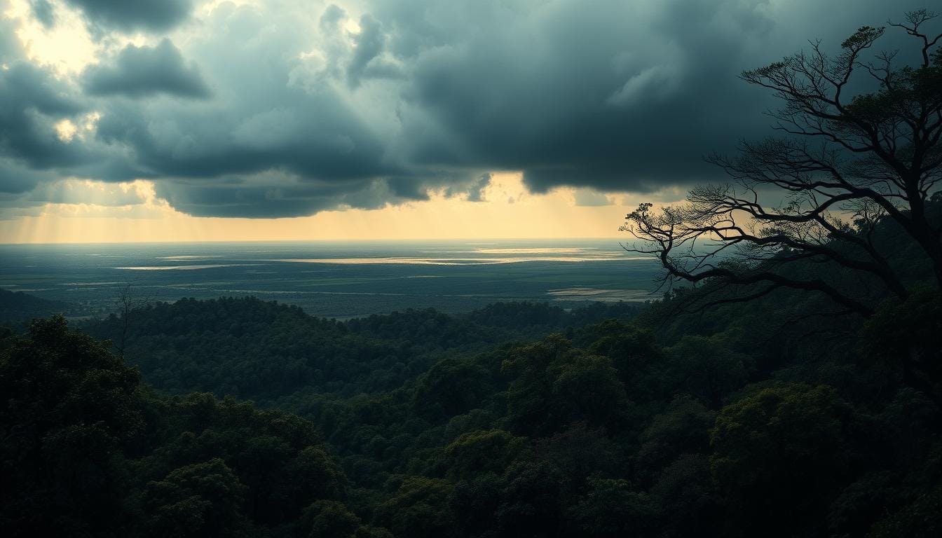 A dramatic landscape depicting a spread of disease through an ecosystem.