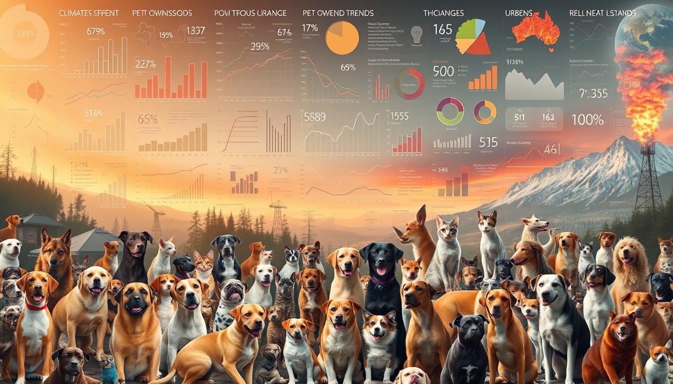 A display of digital widgets translucently above a group of dogs.